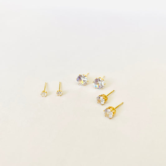 Gold Cubic Zirconia Studs Set (3 pairs - M)