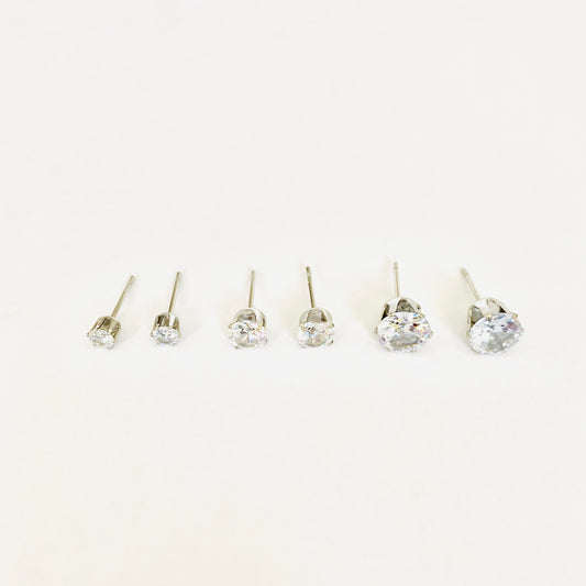 Silver Cubic Zirconia Studs Set (3 pairs - M)