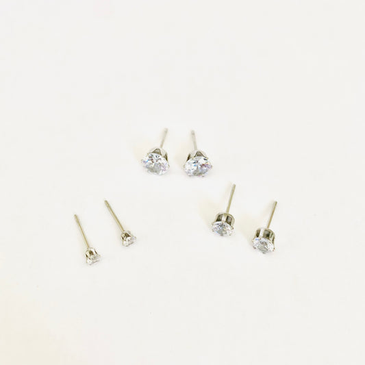 Silver Cubic Zirconia Studs Set (3 pairs - L)