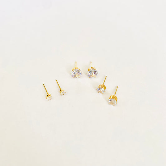Gold Cubic Zirconia Studs Set (3 pairs - M)